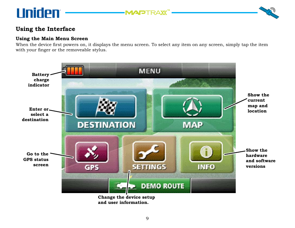 Using the interface, Using the main menu screen, Using.the.interface | Using.the.main.menu.screen | Uniden Maptrax GPS352 User Manual | Page 9 / 35