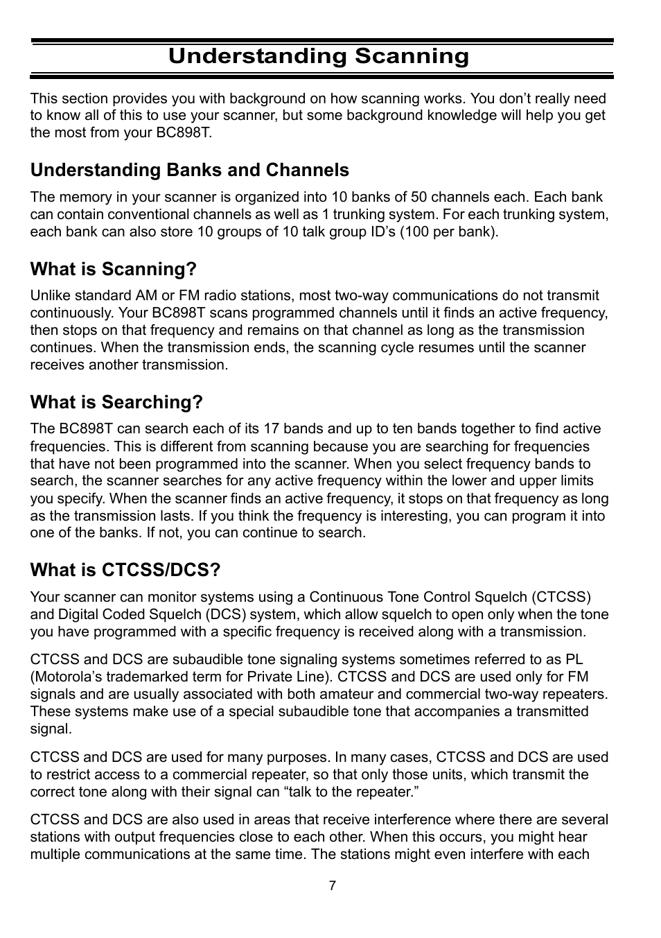 Understanding scanning, Understanding banks and channels, What is scanning | What is searching, What is ctcss/dcs | Uniden BC898T User Manual | Page 10 / 64