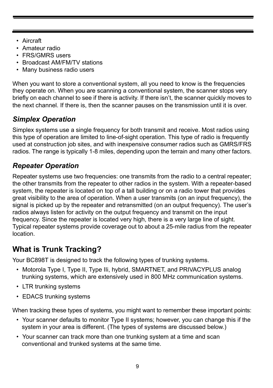 Simplex operation, Repeater operation, What is trunk tracking | Uniden BC898T User Manual | Page 12 / 64