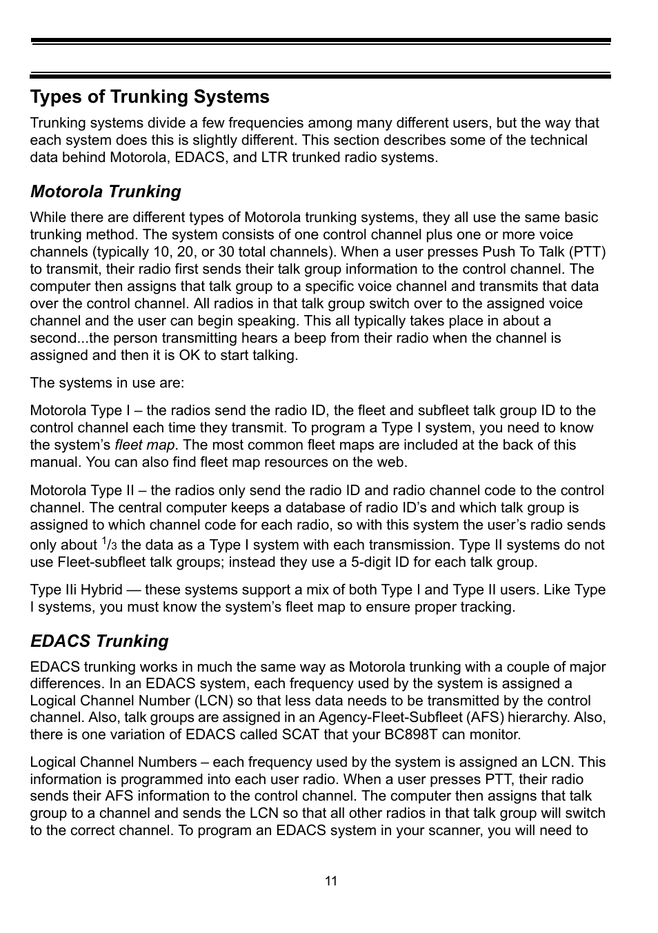 Types of trunking systems, Motorola trunking, Edacs trunking | Uniden BC898T User Manual | Page 14 / 64