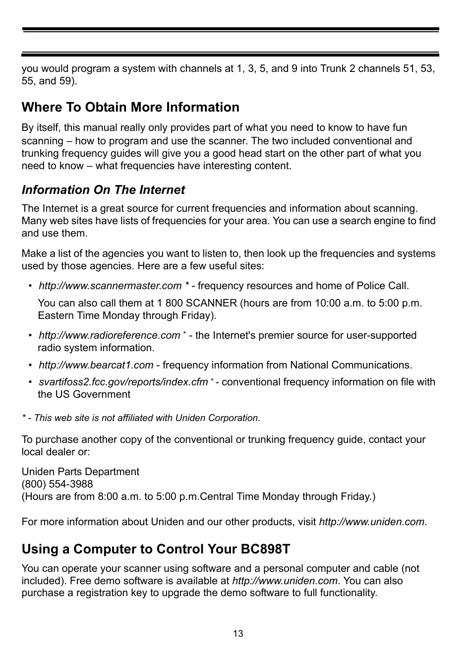 Where to obtain more information, Information on the internet, Using a computer to control your bc898t | Uniden BC898T User Manual | Page 16 / 64