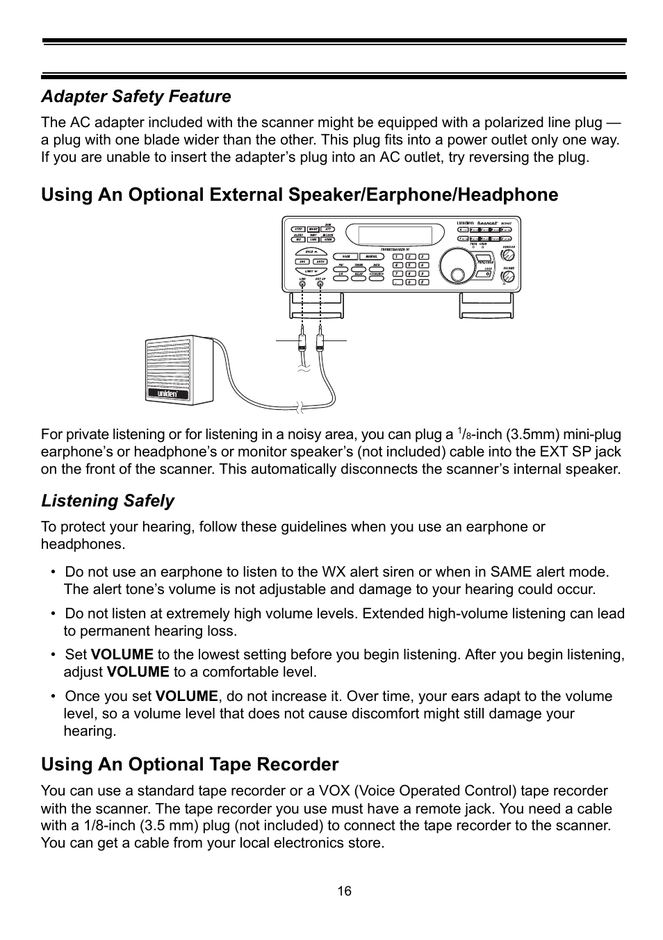 Adapter safety feature, Listening safely, Using an optional tape recorder | Uniden BC898T User Manual | Page 19 / 64