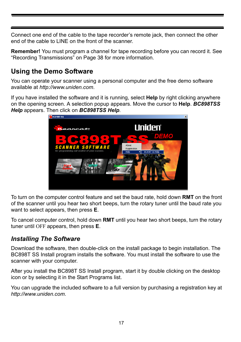 Using the demo software, Installing the software | Uniden BC898T User Manual | Page 20 / 64