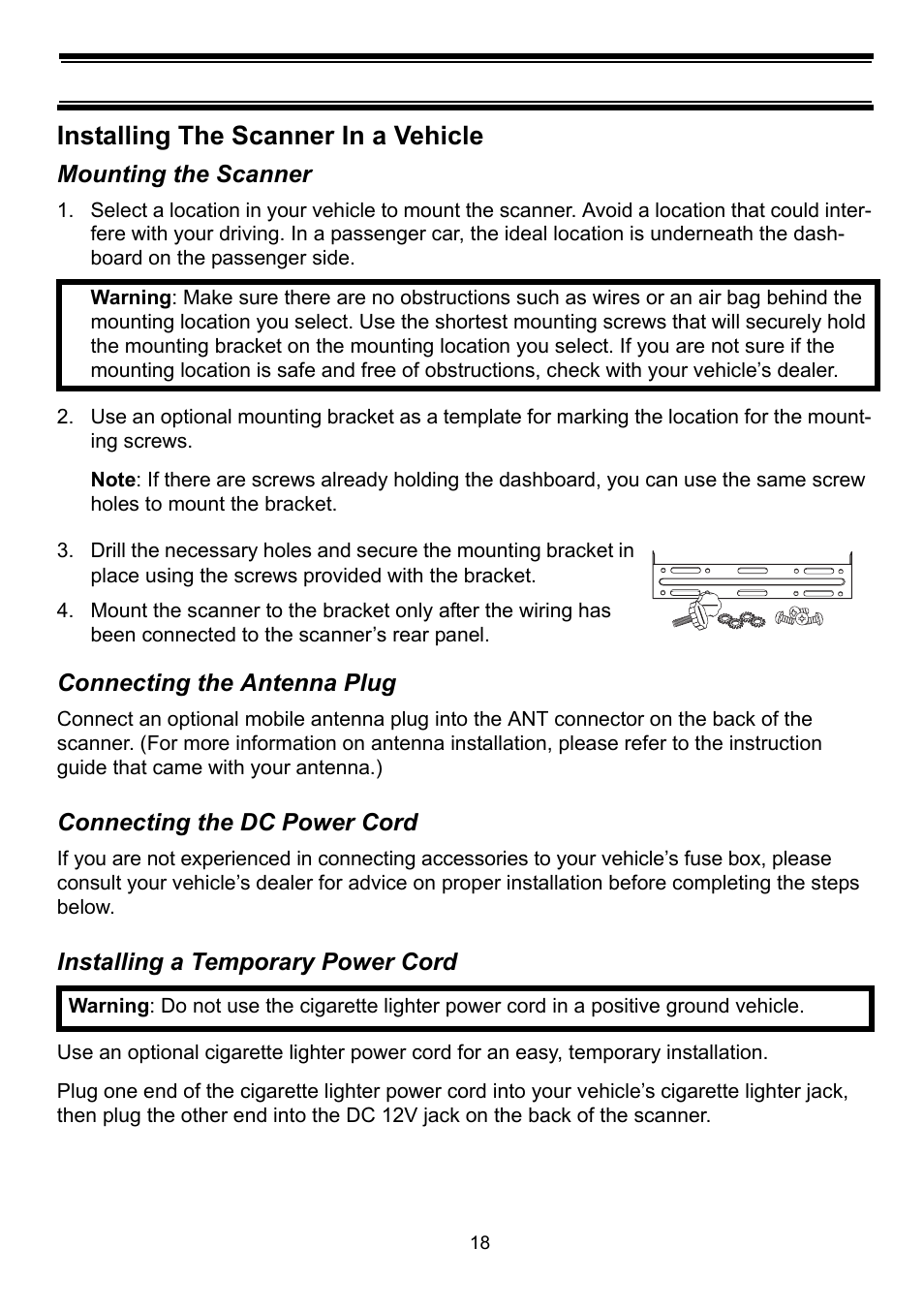 Installing the scanner in a vehicle, Mounting the scanner, Connecting the antenna plug | Connecting the dc power cord, Installing a temporary power cord | Uniden BC898T User Manual | Page 21 / 64
