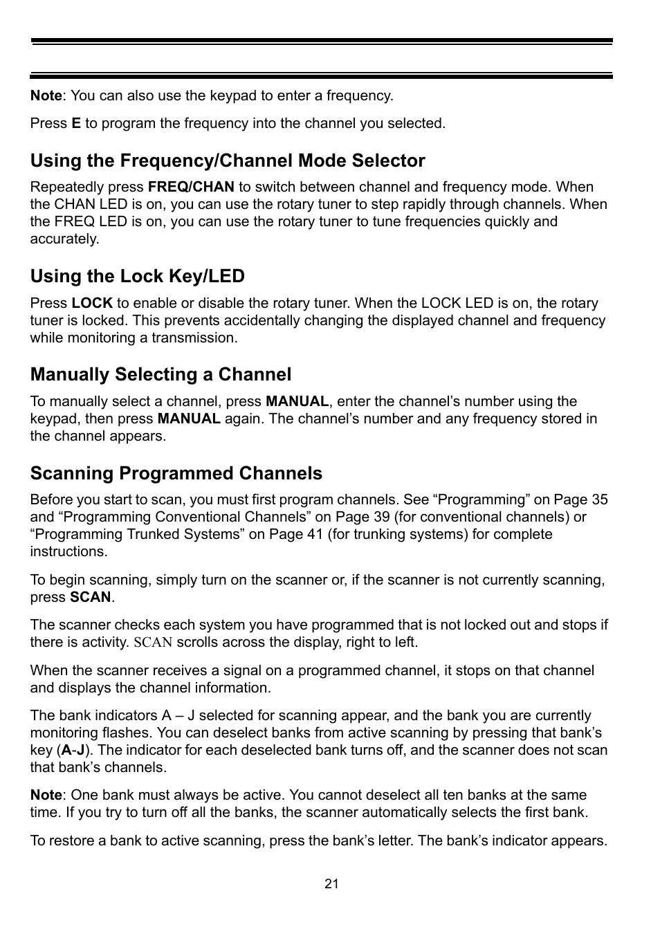 Using the frequency/channel mode selector, Using the lock key/led, Manually selecting a channel | Scanning programmed channels | Uniden BC898T User Manual | Page 24 / 64