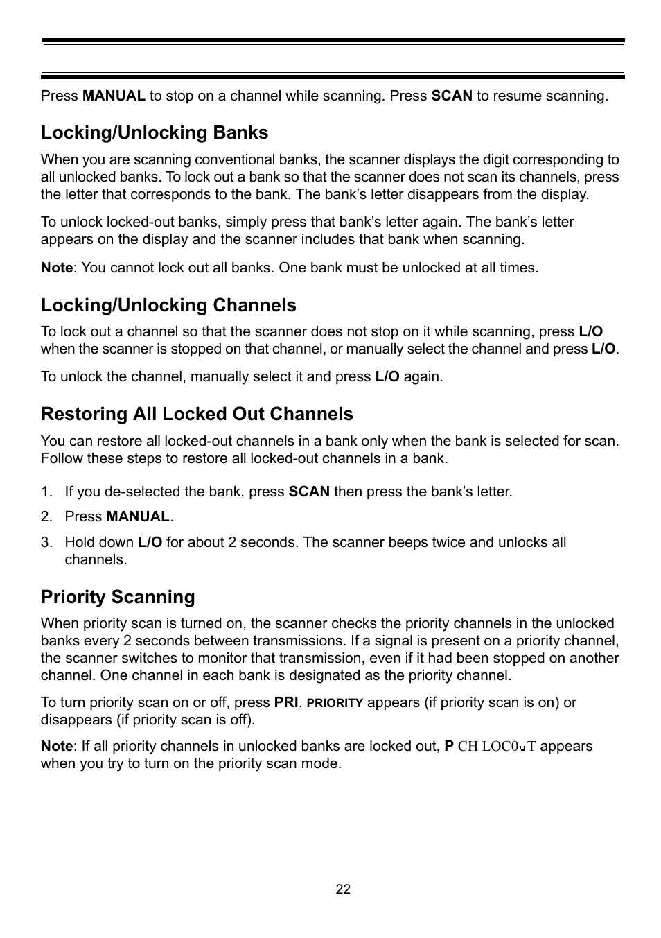 Locking/unlocking banks, Locking/unlocking channels, Restoring all locked out channels | Press manual, Priority scanning | Uniden BC898T User Manual | Page 25 / 64