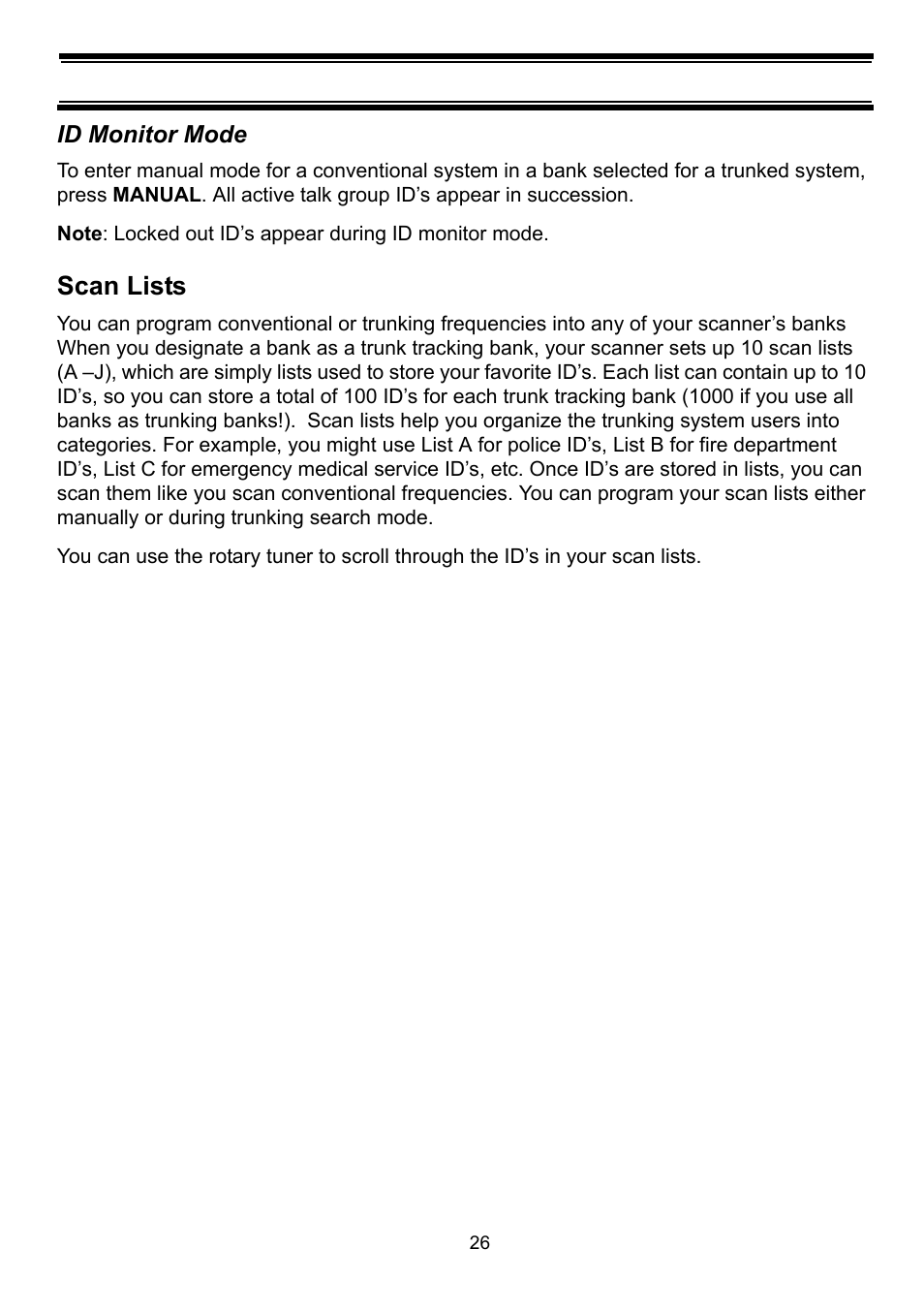 Id monitor mode, Scan lists | Uniden BC898T User Manual | Page 29 / 64