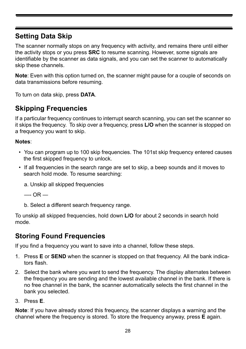 Setting data skip, Skipping frequencies, Storing found frequencies | Press e | Uniden BC898T User Manual | Page 31 / 64