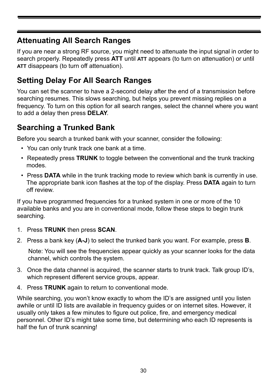 Attenuating all search ranges, Setting delay for all search ranges, Searching a trunked bank | Press trunk then press scan, Press trunk again to return to conventional mode | Uniden BC898T User Manual | Page 33 / 64
