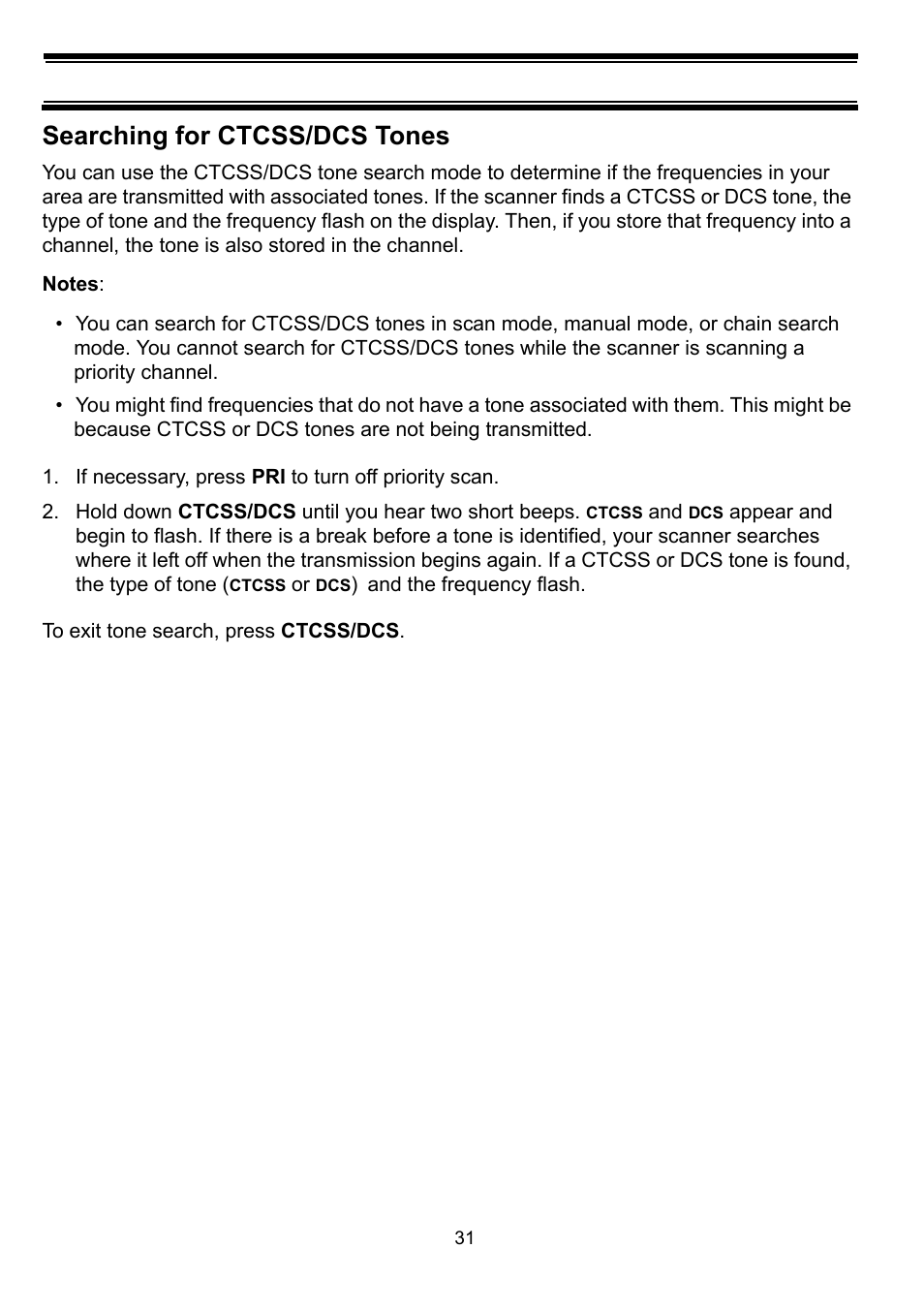 Searching for ctcss/dcs tones, If necessary, press pri to turn off priority scan | Uniden BC898T User Manual | Page 34 / 64