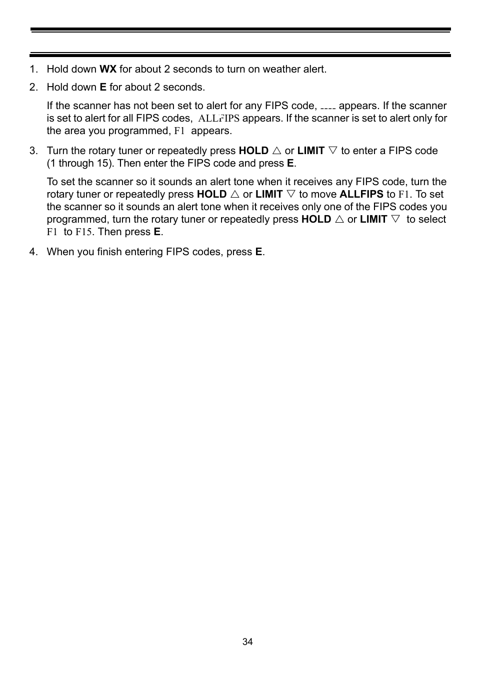 Hold down e for about 2 seconds, When you finish entering fips codes, press e | Uniden BC898T User Manual | Page 37 / 64