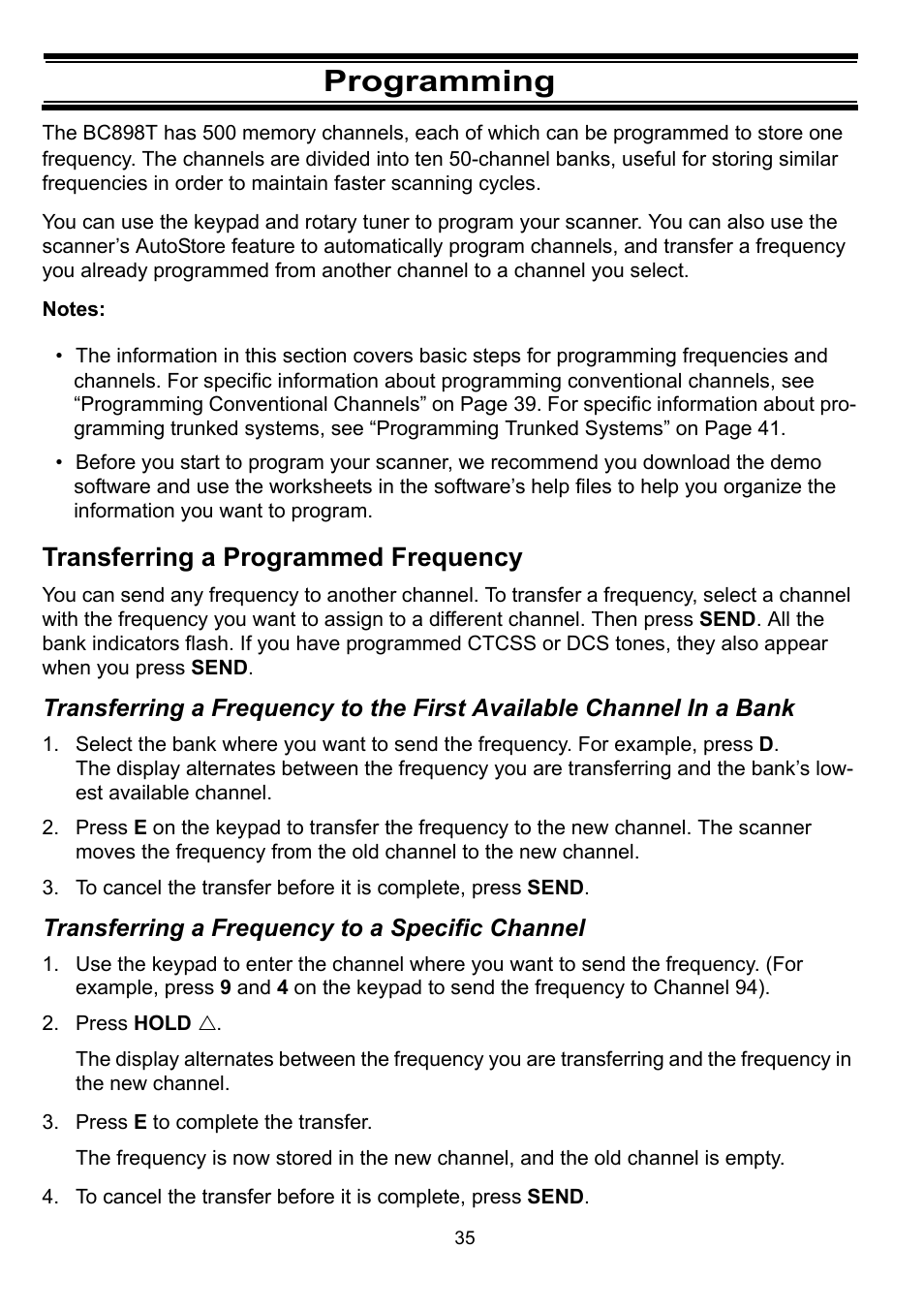 Programming, Transferring a programmed frequency, Transferring a frequency to a specific channel | Press hold r, Press e to complete the transfer | Uniden BC898T User Manual | Page 38 / 64