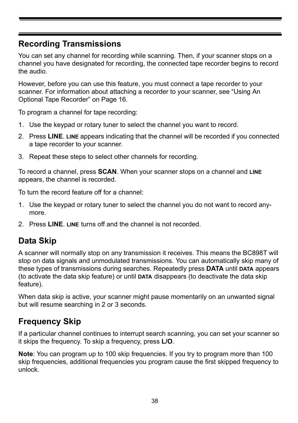 Recording transmissions, Data skip, Frequency skip | Uniden BC898T User Manual | Page 41 / 64