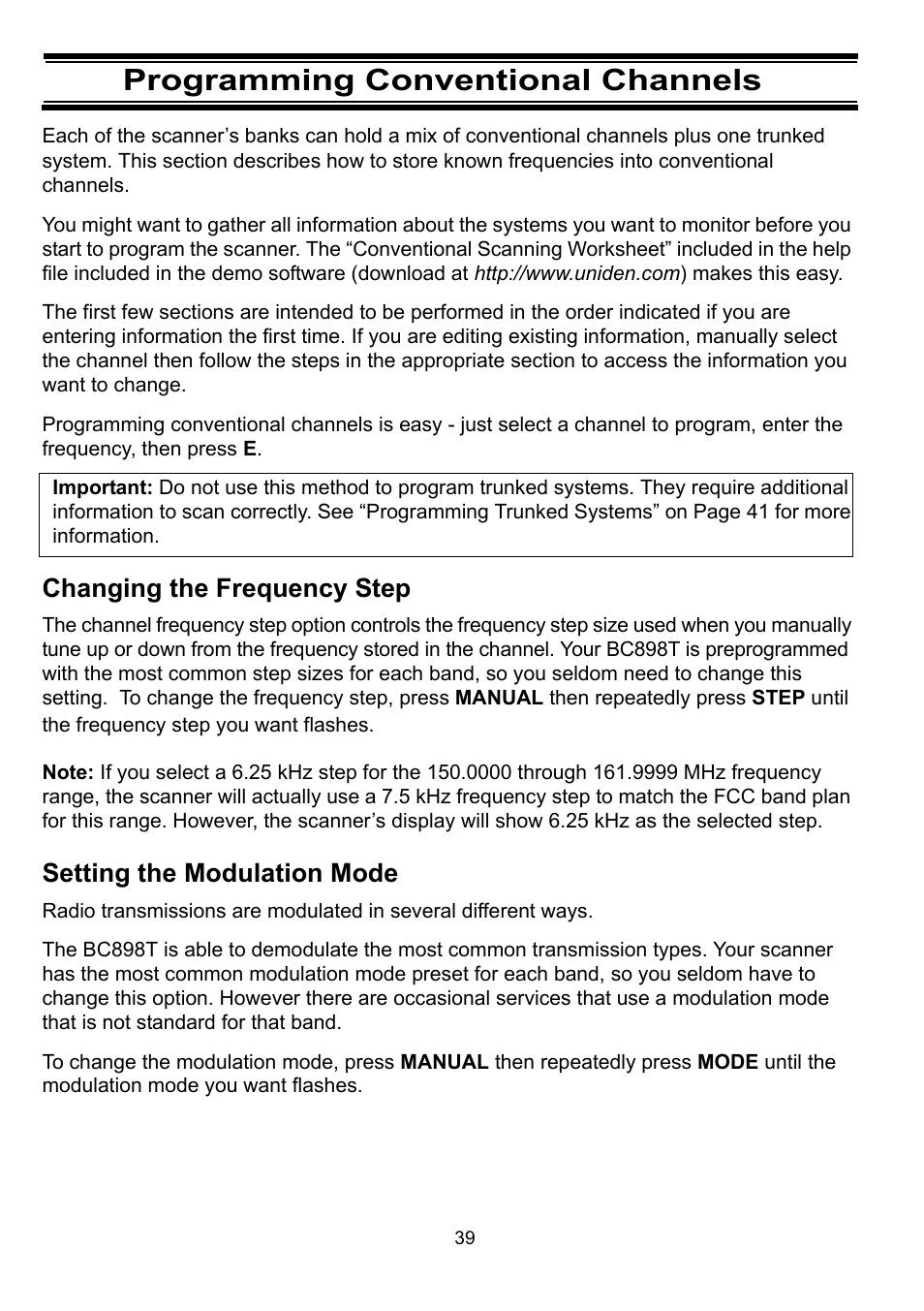 Programming conventional channels, Changing the frequency step, Setting the modulation mode | Uniden BC898T User Manual | Page 42 / 64