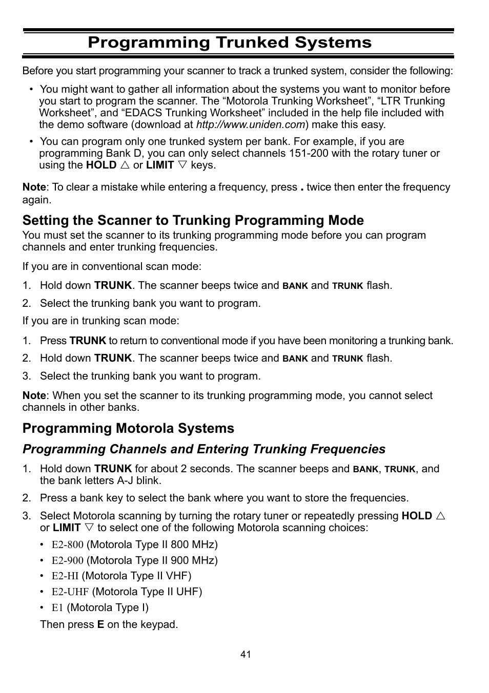 Programming trunked systems, Setting the scanner to trunking programming mode, Select the trunking bank you want to program | Programming motorola systems | Uniden BC898T User Manual | Page 44 / 64
