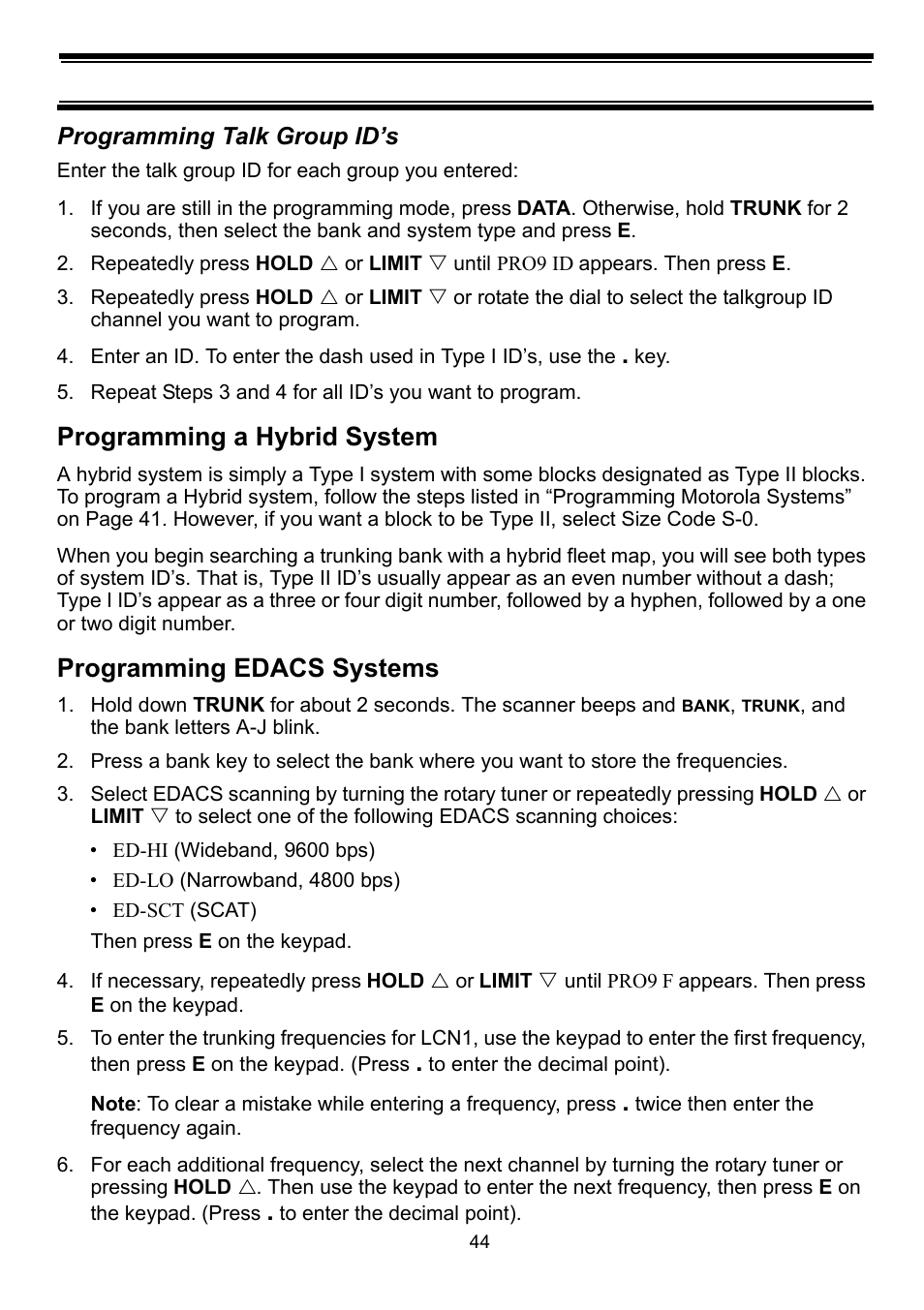 Programming talk group id’s, Programming a hybrid system, Programming edacs systems | Uniden BC898T User Manual | Page 47 / 64