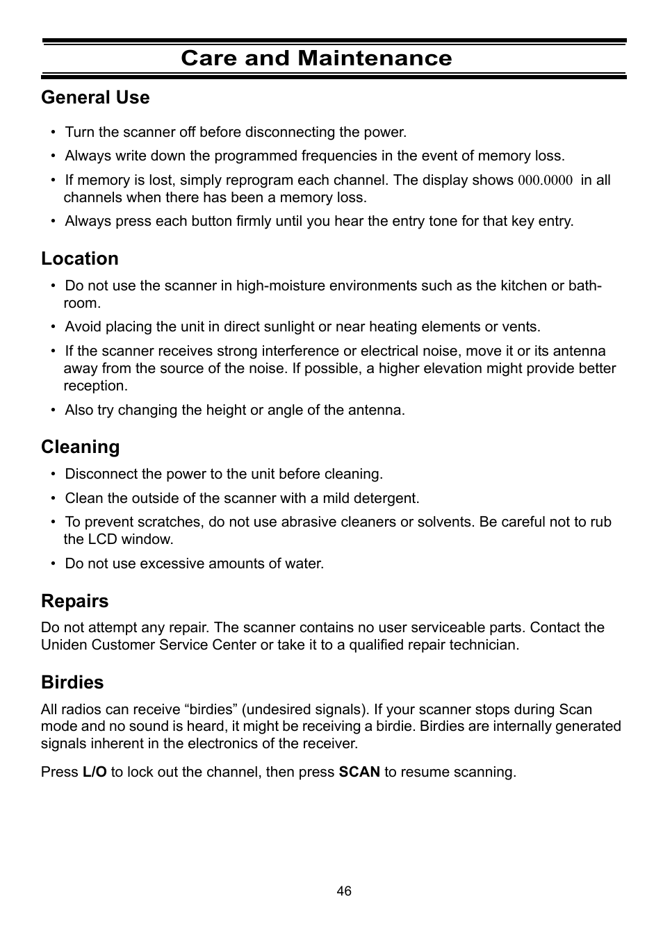 Care and maintenance, Location, Cleaning | Repairs, Birdies | Uniden BC898T User Manual | Page 49 / 64