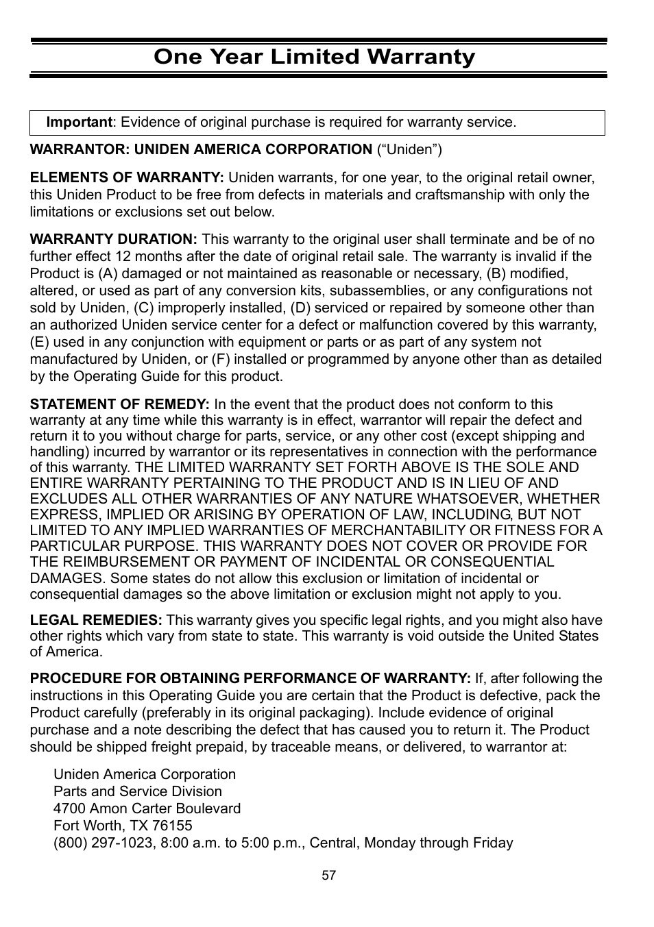 One year limited warranty | Uniden BC898T User Manual | Page 60 / 64