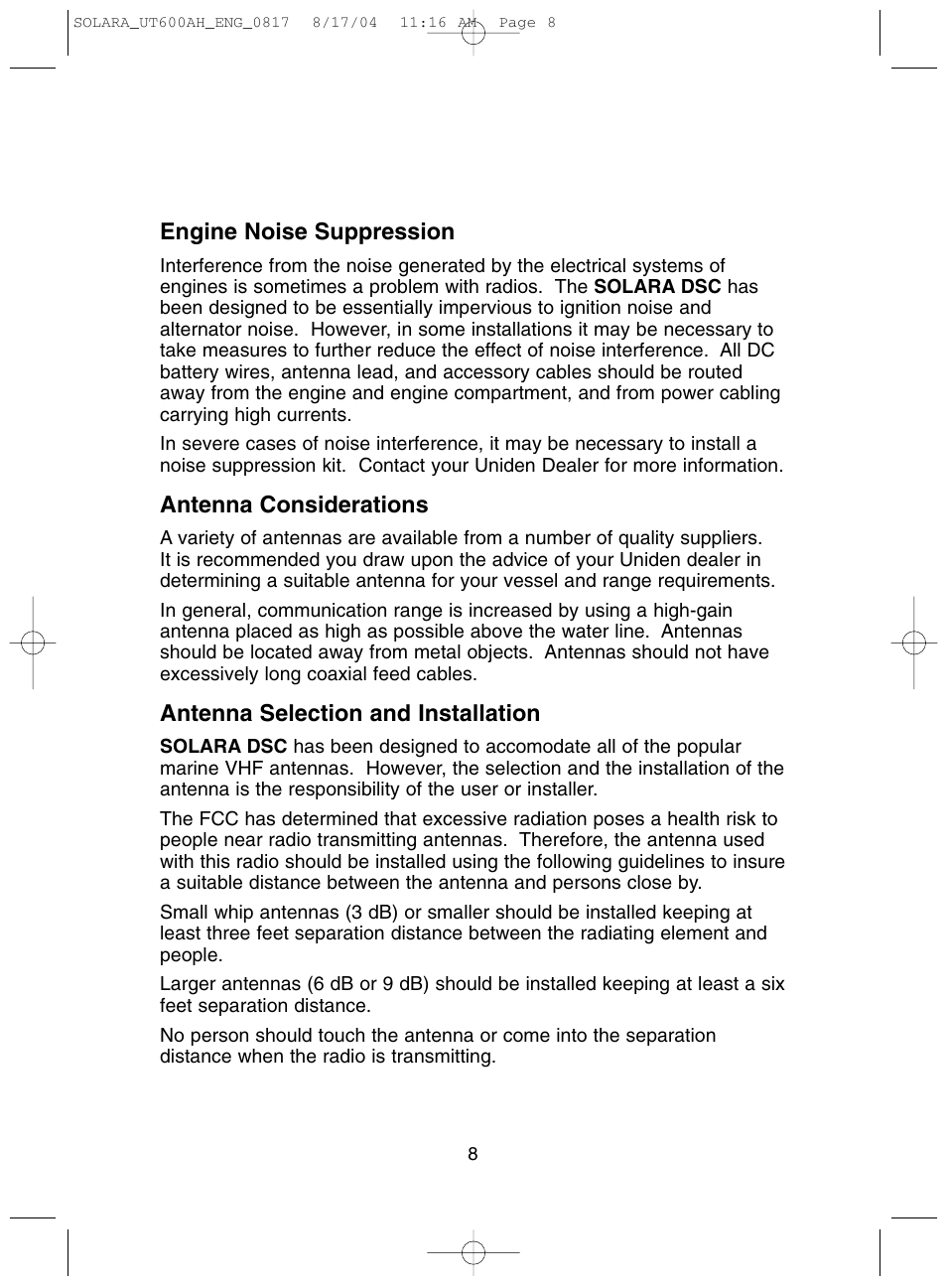 Engine noise suppression, Antenna considerations, Antenna selection and installation | Uniden Solara DSC User Manual | Page 10 / 32