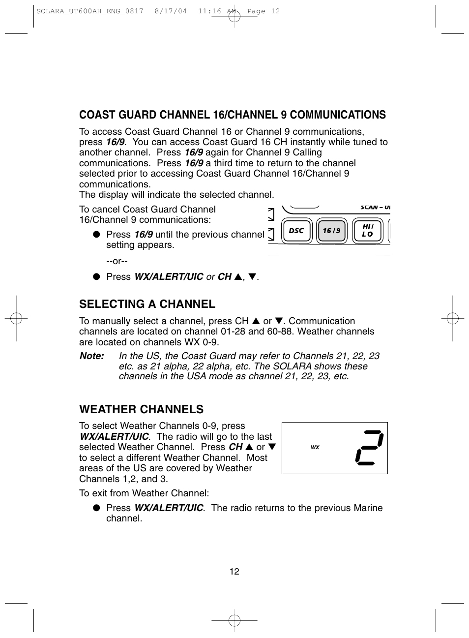 Weather channels, Selecting a channel, Coast guard channel 16/channel 9 communications | Uniden Solara DSC User Manual | Page 14 / 32
