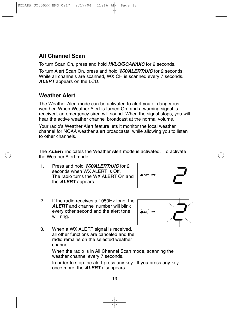 Weather alert, All channel scan | Uniden Solara DSC User Manual | Page 15 / 32