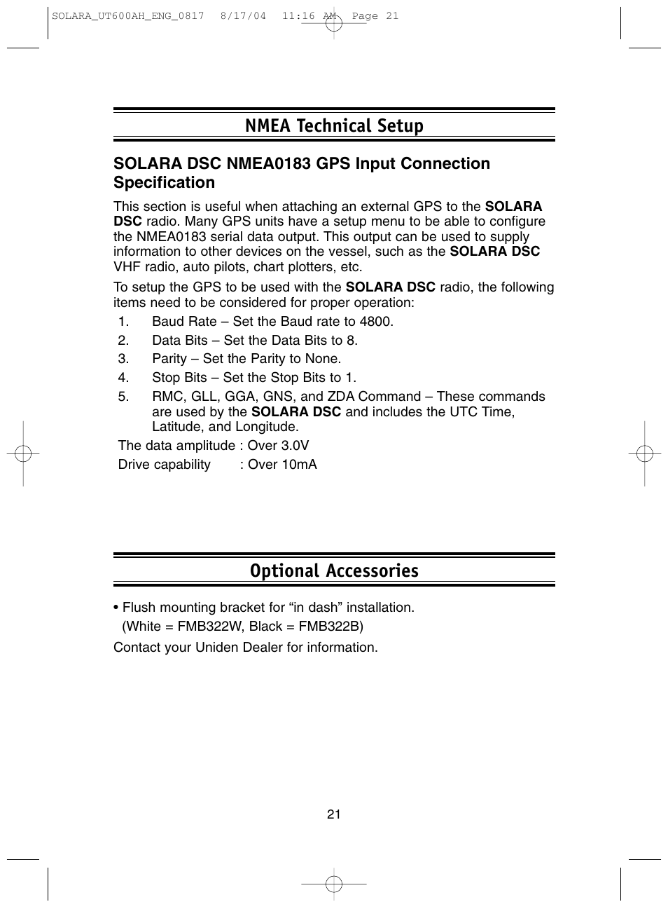 Optional accessories nmea technical setup | Uniden Solara DSC User Manual | Page 23 / 32