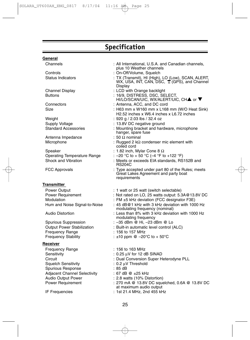 Specification | Uniden Solara DSC User Manual | Page 27 / 32