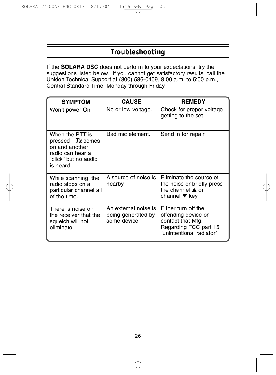 Troubleshooting | Uniden Solara DSC User Manual | Page 28 / 32