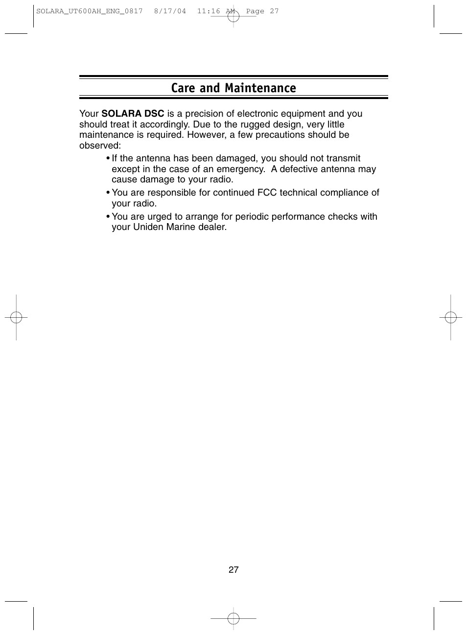 Care and maintenance | Uniden Solara DSC User Manual | Page 29 / 32