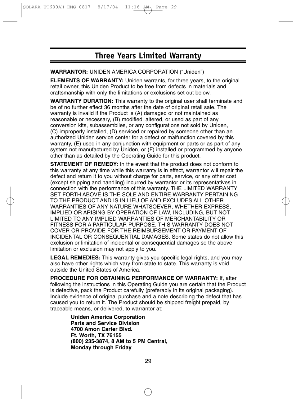 Three years limited warranty | Uniden Solara DSC User Manual | Page 31 / 32