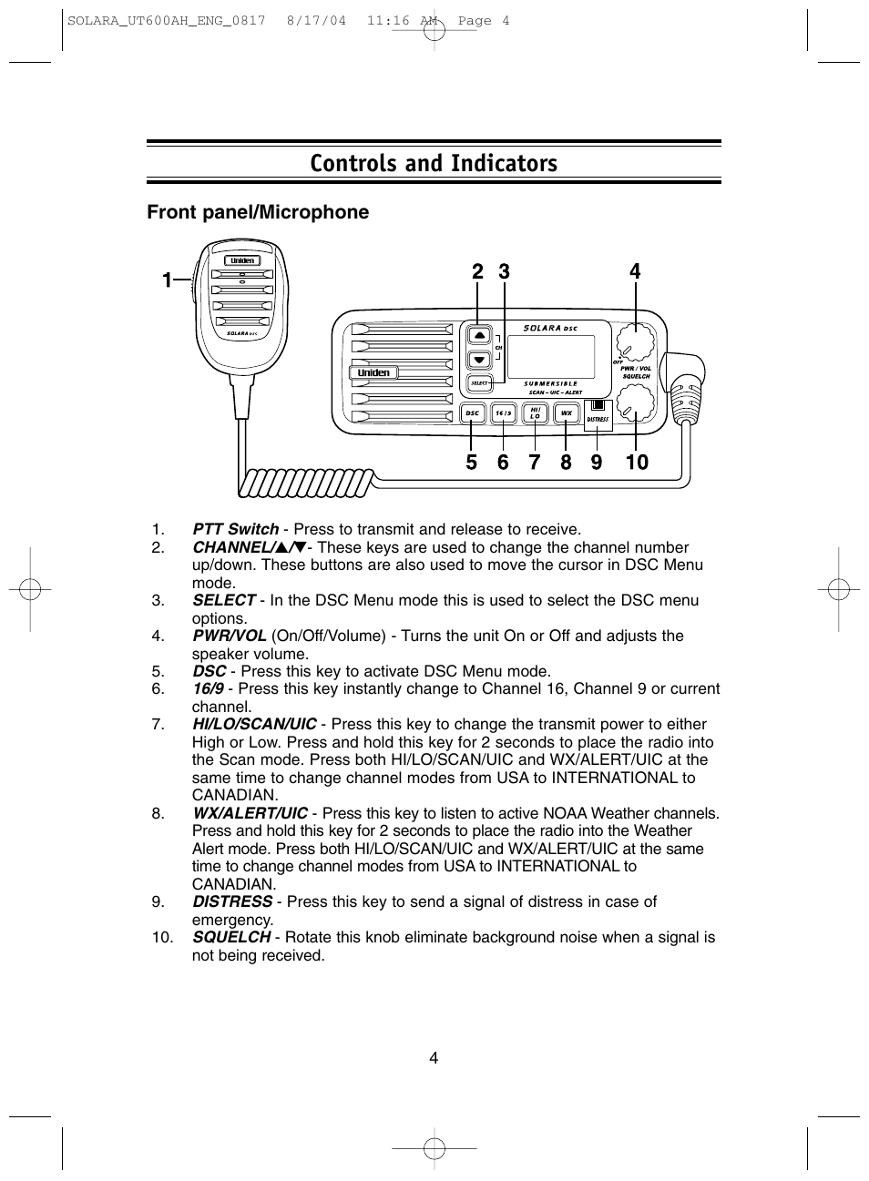 Controls and indicators, Front panel/microphone | Uniden Solara DSC User Manual | Page 6 / 32