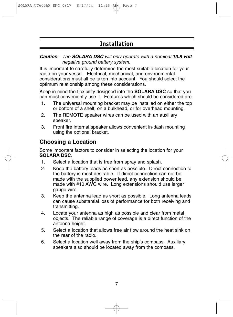 Installation, Choosing a location | Uniden Solara DSC User Manual | Page 9 / 32