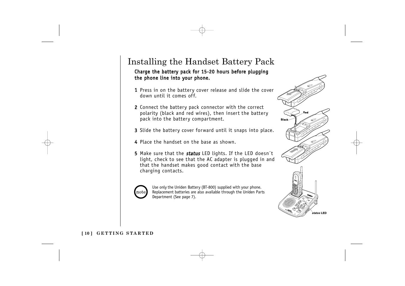 Installing the handset battery pack | Uniden TITANIUM 24-148 User Manual | Page 12 / 64