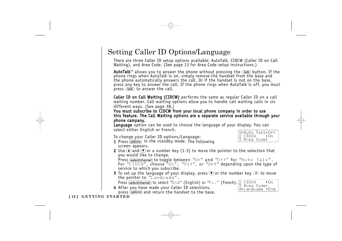 Setting caller id options/language | Uniden TITANIUM 24-148 User Manual | Page 14 / 64
