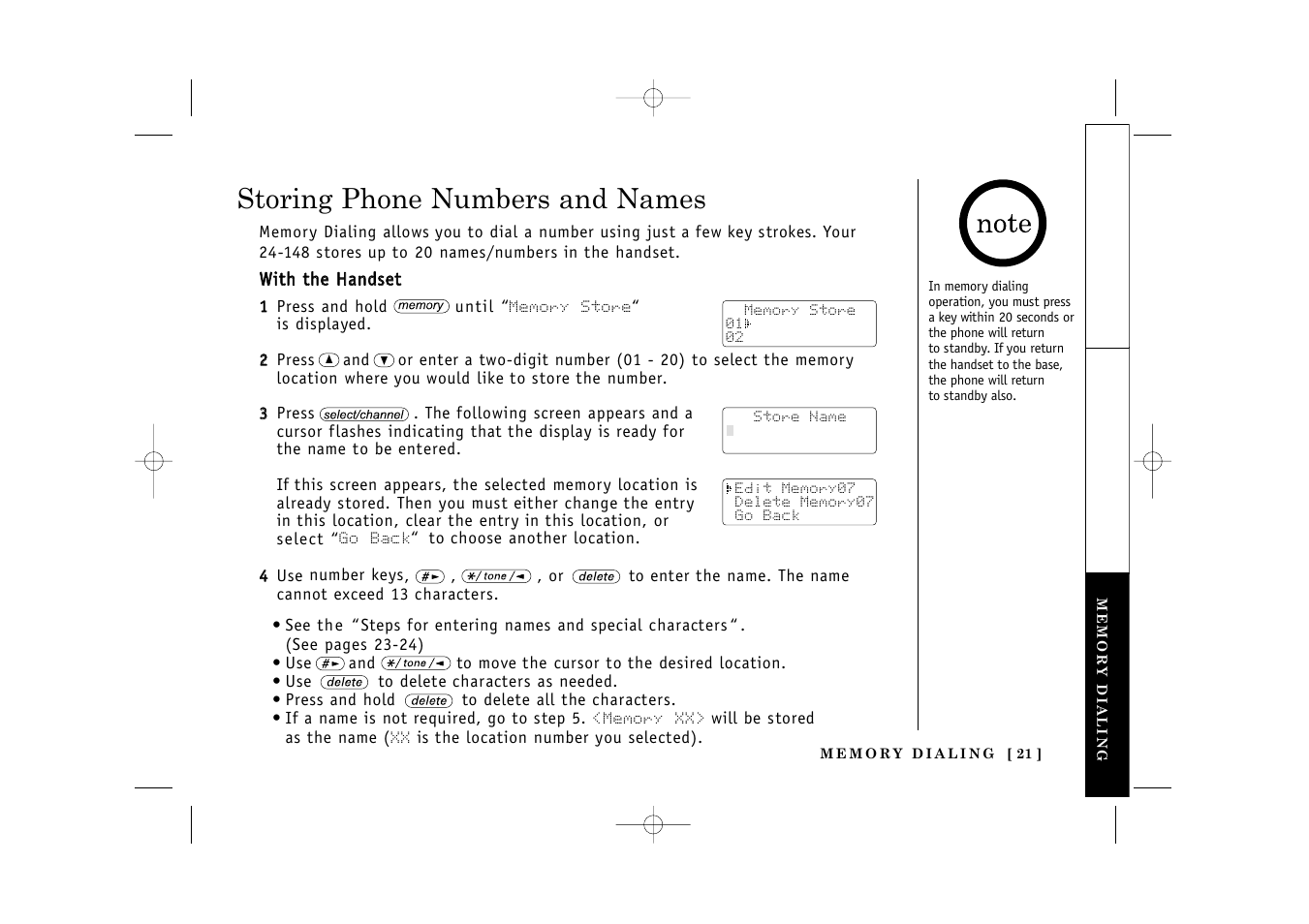 Storing phone numbers and names | Uniden TITANIUM 24-148 User Manual | Page 23 / 64