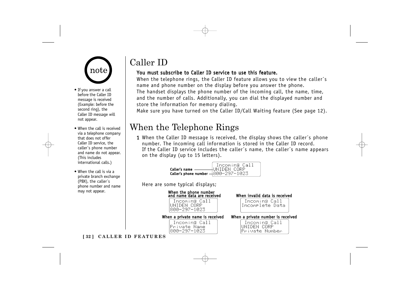 Caller id, When the telephone rings | Uniden TITANIUM 24-148 User Manual | Page 34 / 64