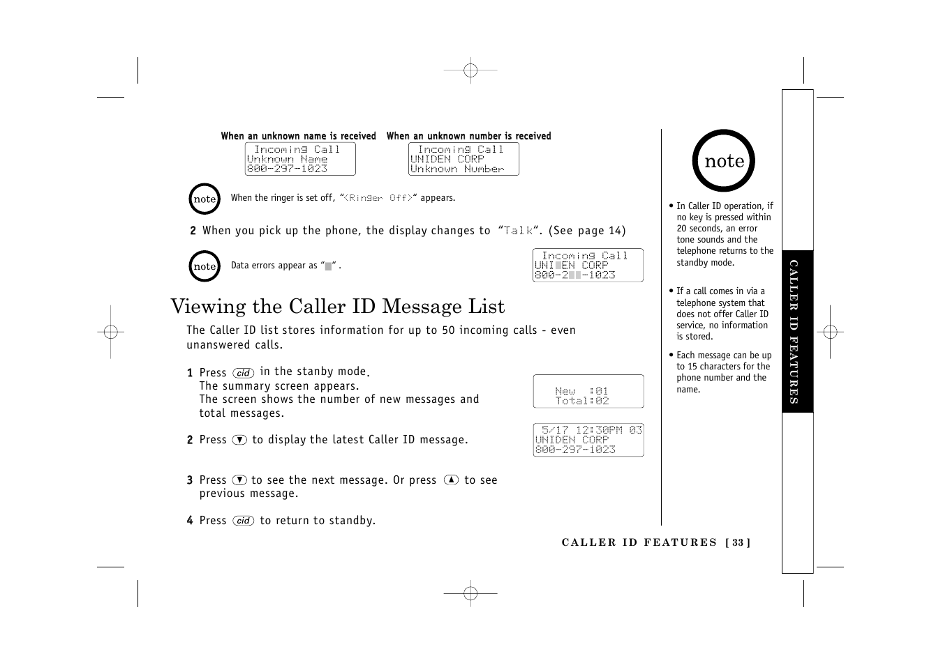 Viewing the caller id message list | Uniden TITANIUM 24-148 User Manual | Page 35 / 64