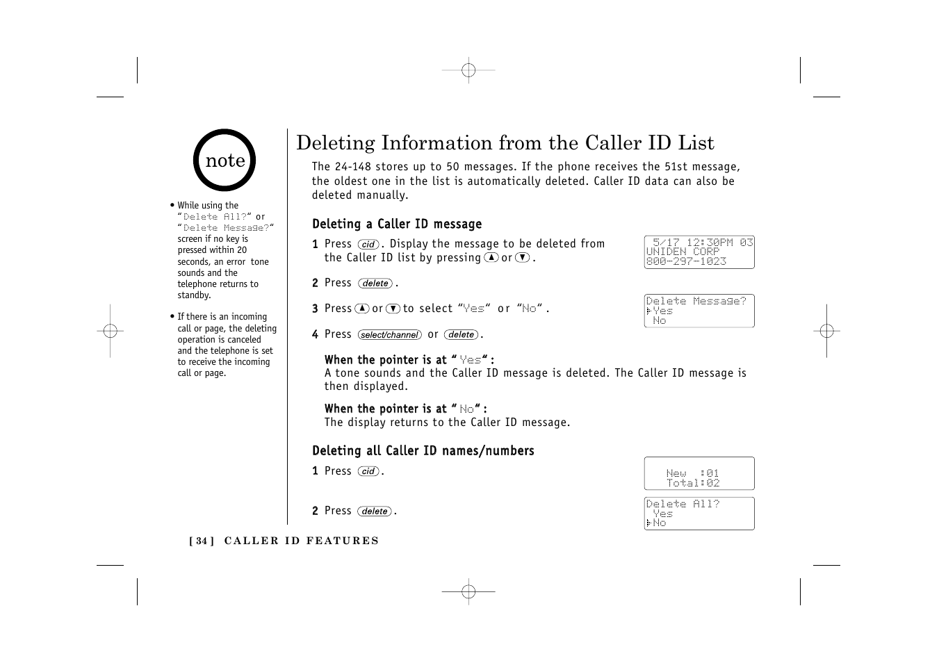 Deleting information from the caller id list | Uniden TITANIUM 24-148 User Manual | Page 36 / 64