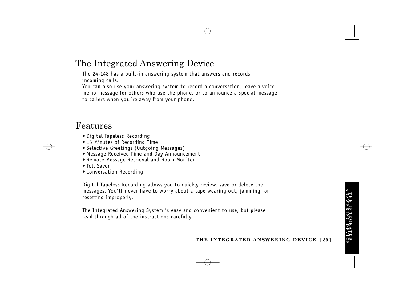 The integrated answering device, Features | Uniden TITANIUM 24-148 User Manual | Page 41 / 64