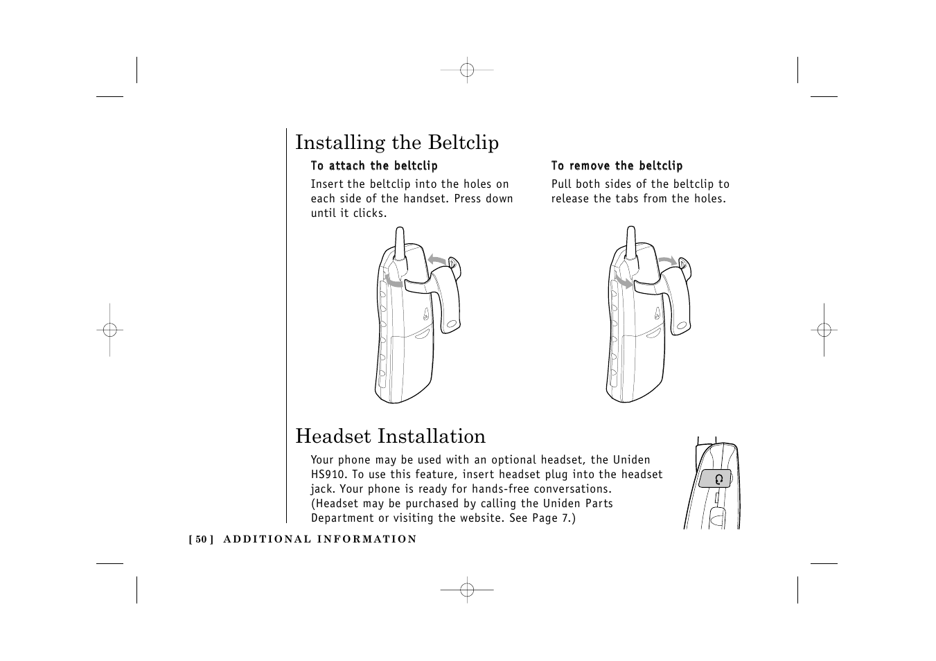 Installing the beltclip, Headset installation | Uniden TITANIUM 24-148 User Manual | Page 52 / 64