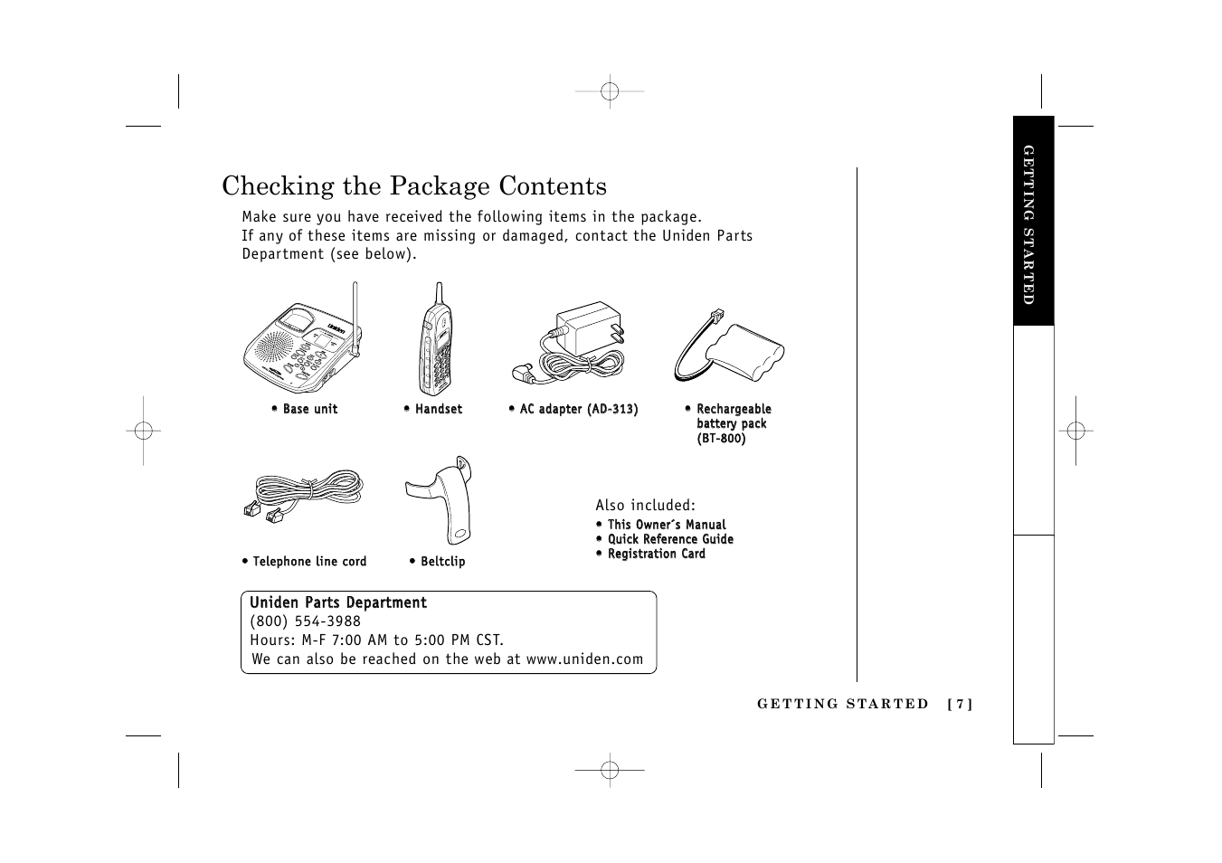 Checking the package contents | Uniden TITANIUM 24-148 User Manual | Page 9 / 64