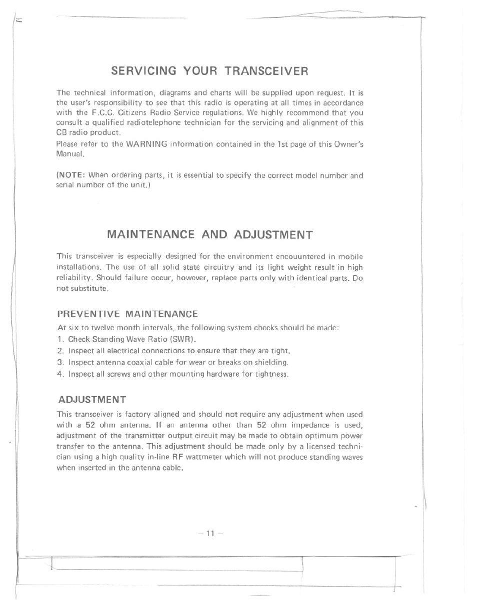 Servicing your transceiver, Maintenance and adjustment, Preventive maintenance | Adjustment | Uniden GRANT User Manual | Page 12 / 18