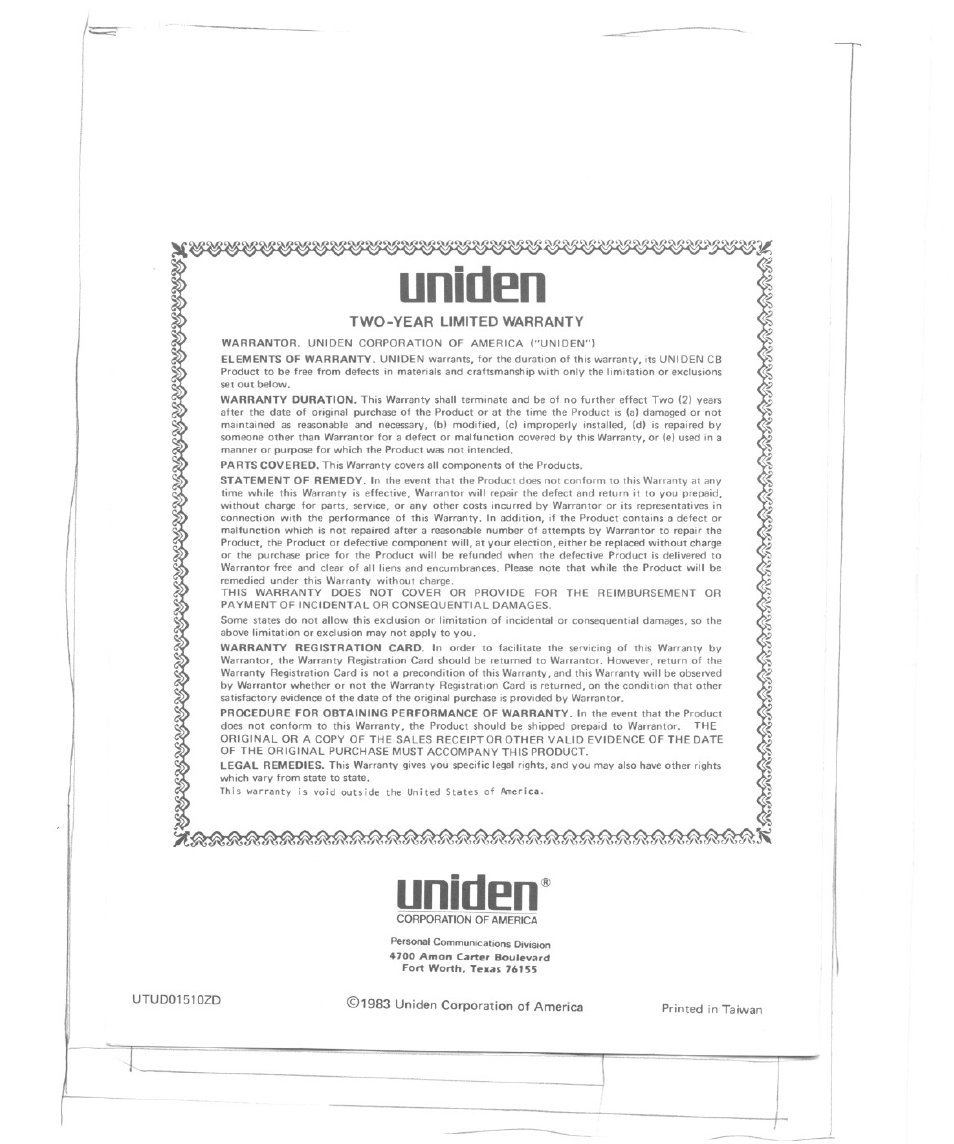 Uniden, Two-year limited warranty, 47ao лп10п | Bouífv¿ird | Uniden GRANT User Manual | Page 18 / 18