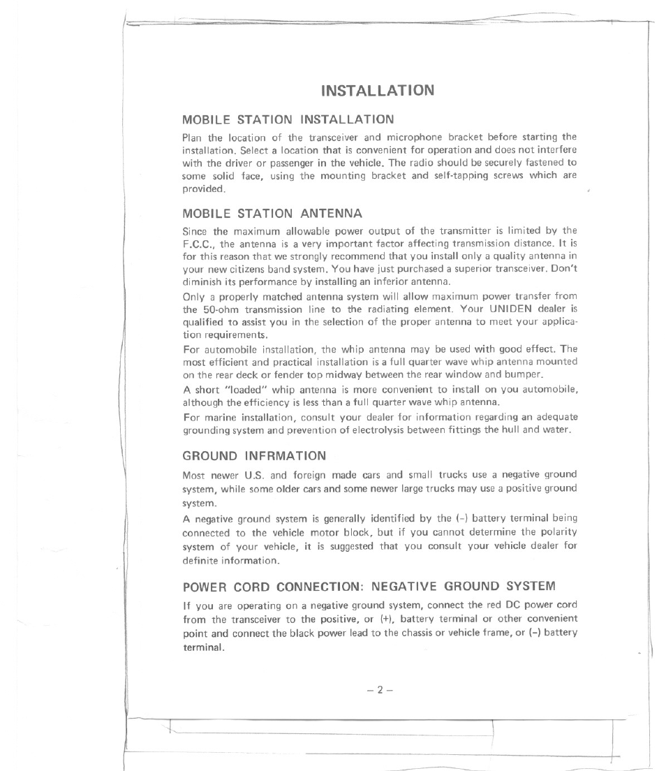 Installation, Mobile station installation, Mobile station antenna | Ground infrmation, Power cord connection: negative ground system | Uniden GRANT User Manual | Page 3 / 18