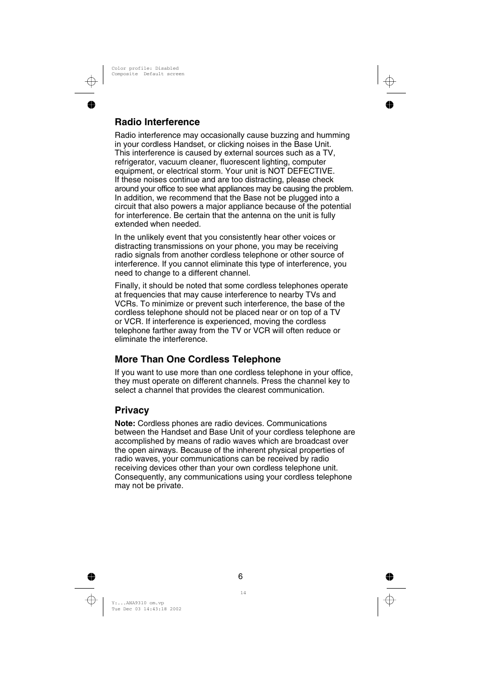 Radio interference, More than one cordless telephone, Privacy | Uniden ANA 9310 User Manual | Page 12 / 46