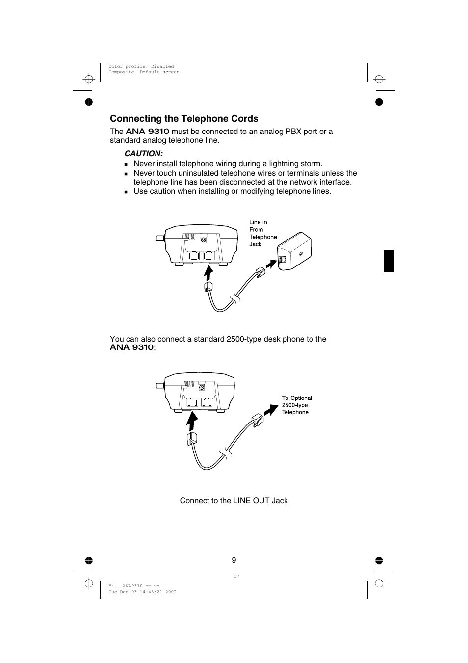 Connecting the telephone cords | Uniden ANA 9310 User Manual | Page 15 / 46