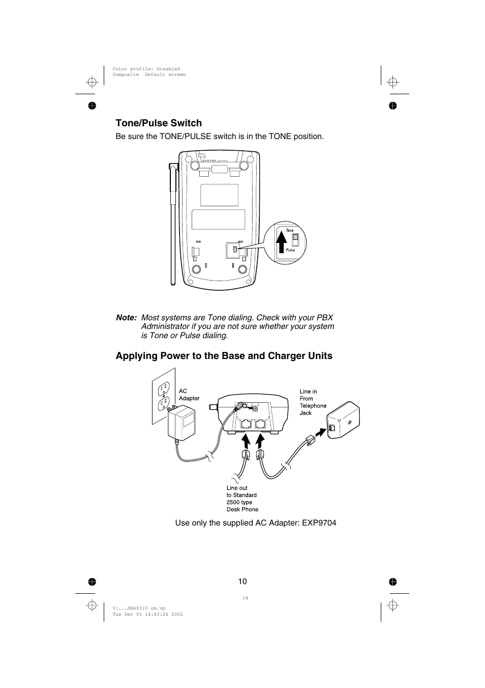 Tone/pulse switch, Applying power to the base and charger units | Uniden ANA 9310 User Manual | Page 16 / 46