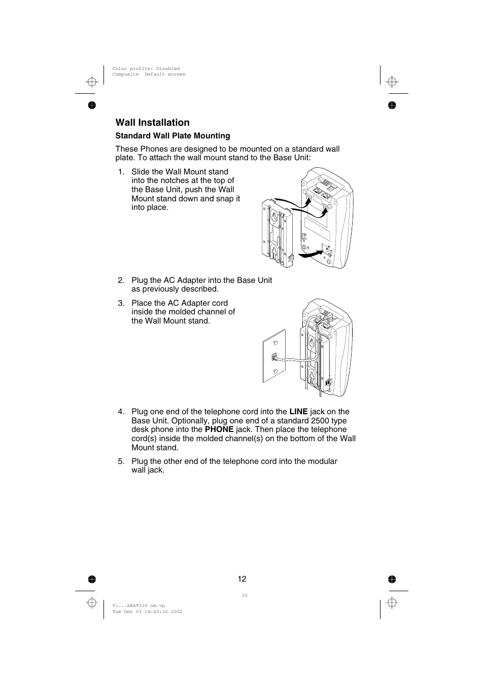 Wall installation | Uniden ANA 9310 User Manual | Page 18 / 46