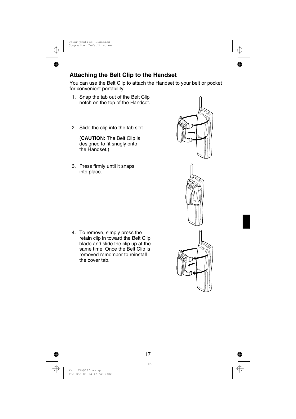 Attaching the belt clip to the handset | Uniden ANA 9310 User Manual | Page 23 / 46