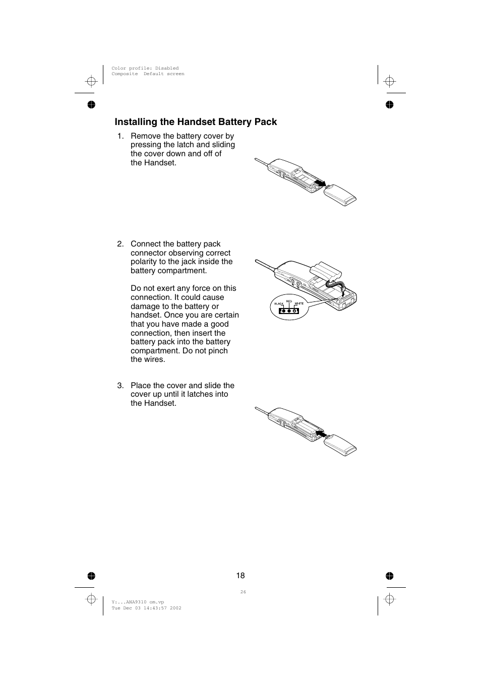 Installing the handset battery pack | Uniden ANA 9310 User Manual | Page 24 / 46